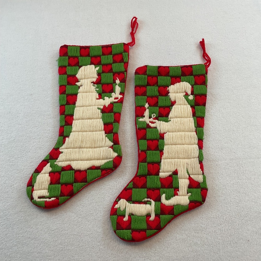 Handmade Vintage Needlepoint Christmas Stockings Set of 2 Silhouettes Hearts Red